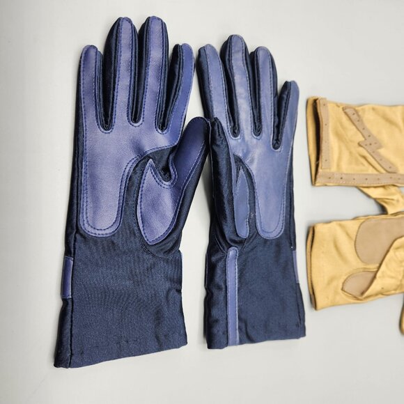 Faux Leather Gloves Black & Yellow Stretchy Lot of 2 Wrist Length Vtg - Picture 5 of 12
